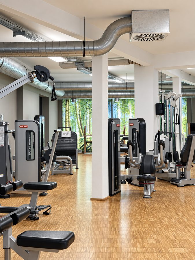 Trainingsfläche mit medizinischen Trainingsgeräten und Waldmotiv an der Wand